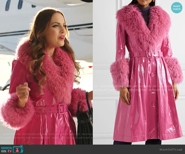 Foxy Belted Shearling-Trimmed Patent-Leather Coat by Saks Potts worn by Fallon Carrington (Elizabeth Gillies) on Dynasty