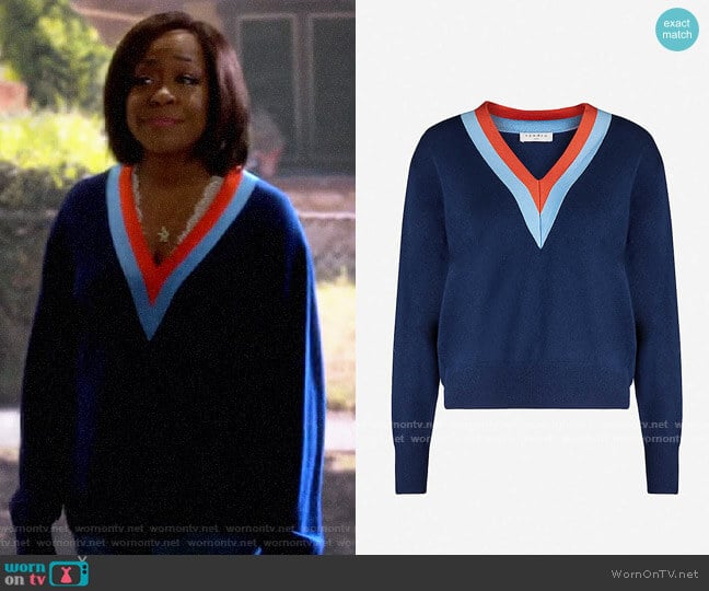 Sandro V-neck wool and cashmere-blend jumper worn by Tina Butler (Tichina Arnold) on The Neighborhood