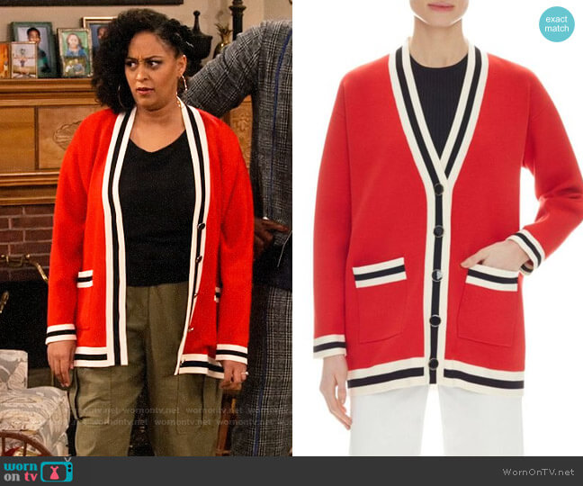 Sandro Johanna Striped-Trim Cardigan worn by Cocoa McKellan (Tia Mowry-Hardrict) on Family Reunion