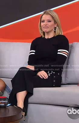 Sara’s black cutout sweater and belted pants on GMA Strahan Sara And Keke