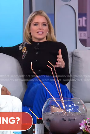 Sara’s embellished cardigan and blue pleated skirt on GMA Strahan Sara And Keke