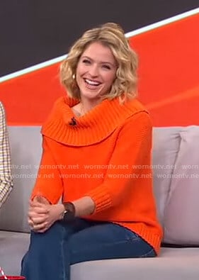 Sara’s orange off-shoulder sweater on GMA Strahan Sara And Keke