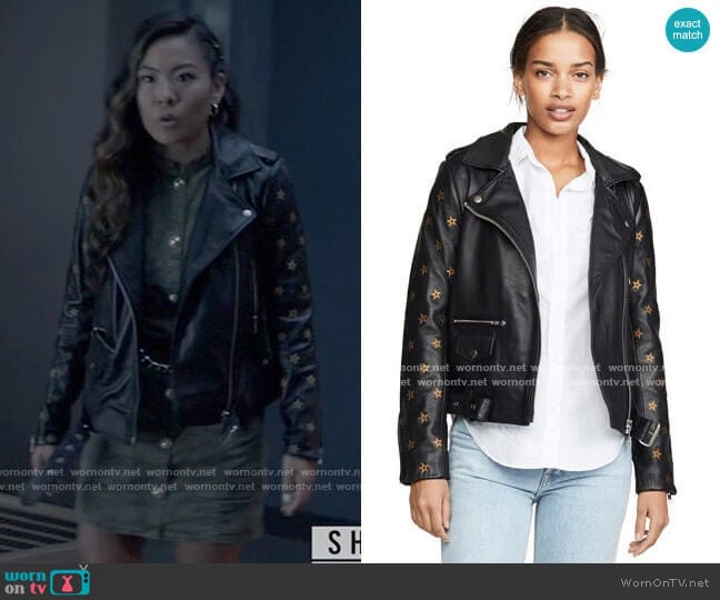 Scotch & Soda Leather Embroidered Star Sleeve Biker Jacket worn by Mary Hamilton (Nicole Kang) on Batwoman