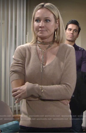 Sharon’s beige v-neck sweater on The Young and the Restless
