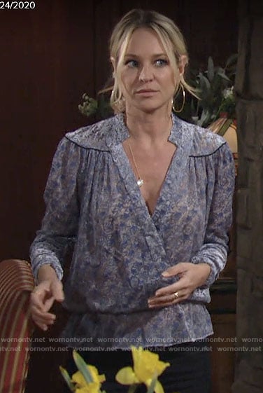 Sharon's blue printed wrap blouse on The Young and the Restless