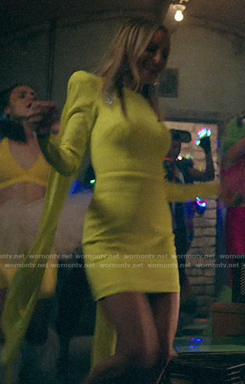 Sierra's neon yellow draped back mini dress on Bless This Mess