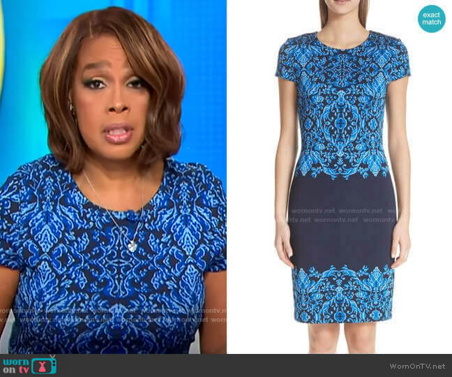 Cool Tones Brocade Knit Dress by St John Collection worn by Gayle King on CBS Mornings