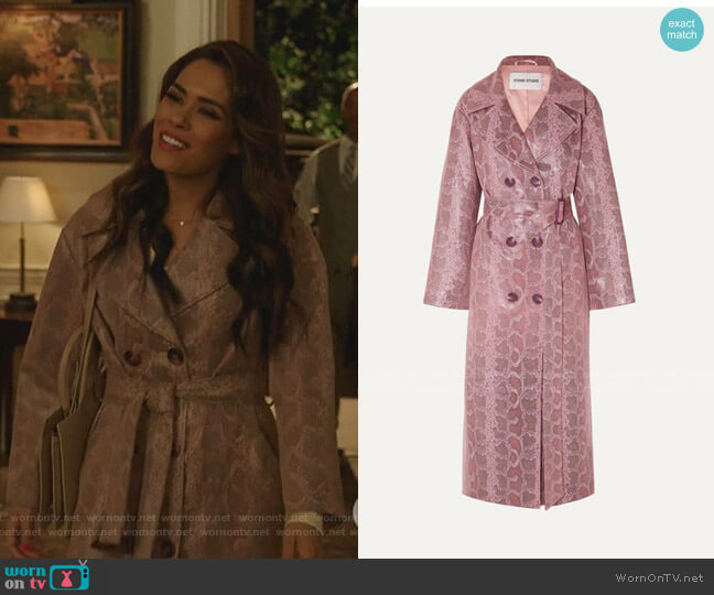 Snake-Effect Coated Vegan Leather Trench Coat by Stand Studio worn by Cristal Jennings (Daniella Alonso) on Dynasty