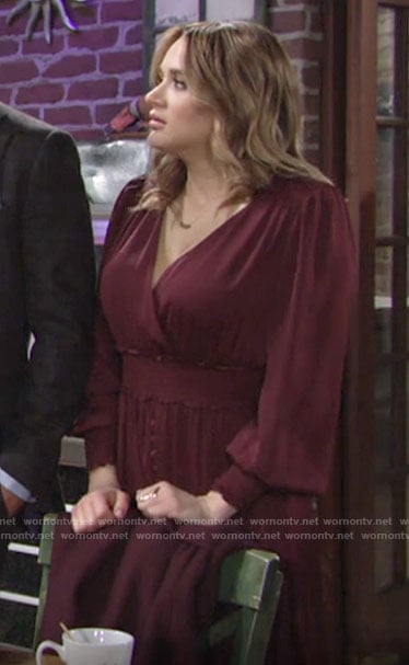 Summer’s burgundy long sleeved smocked waist dress on The Young and the Restless