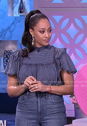 Tamera’s blue ruffle lace inset top on The Real