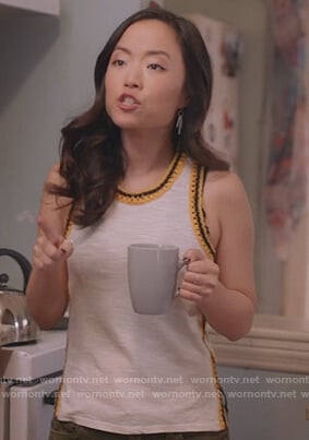 Janet's white embroidered tank on Kims Convenience