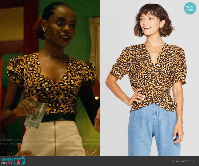 Target WhoWhatWear Leopard Print Short Sleeve Deep V-Neck Wrap Top worn by Josie McCoy (Ashleigh Murray) on Katy Keene