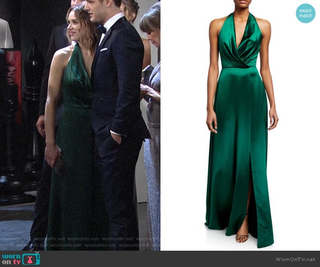 Theia Plunge Front Heavy Charmeuse Satin Halter Gown worn by Summer Newman (Hunter King) on The Young and the Restless