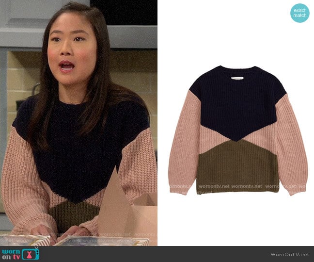 Treasure & Bond Big Girls Colorblock Sweater worn by Jen (Krista Marie Yu) on Last Man Standing