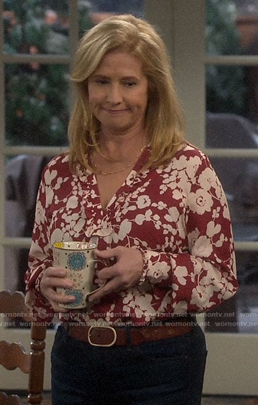 Vanessa's red floral v-neck blouse on Last Man Standing