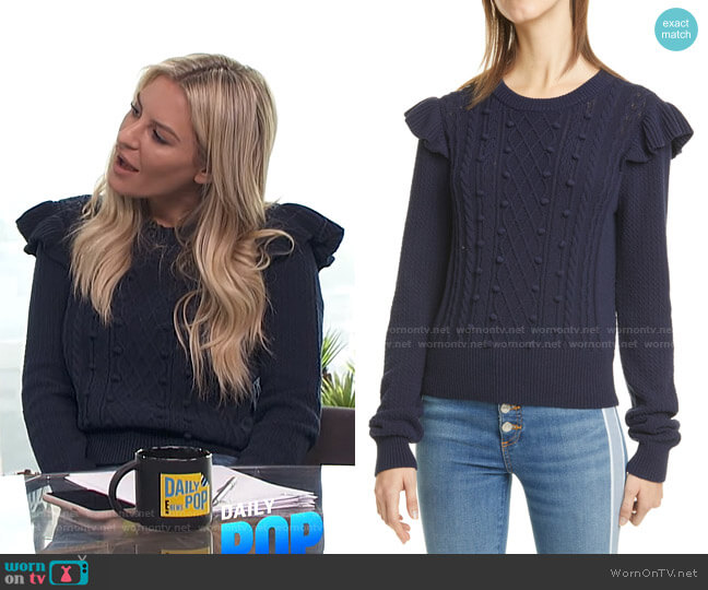 WornOnTV: Morgan’s navy ruffle shoulder sweater on E! News Daily Pop ...