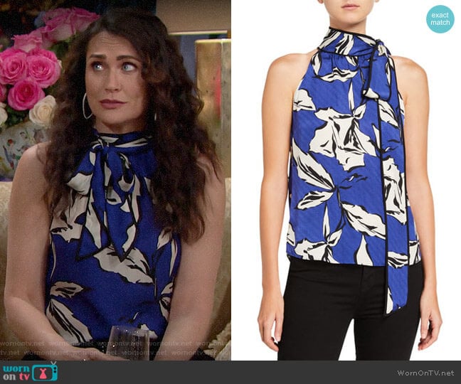 Veronica Beard Sela Printed Tie-Neck Top worn by Quinn Fuller (Rena Sofer) on The Bold and the Beautiful