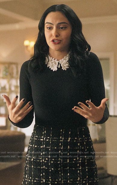 Veronica’s black sweater with white floral collar and tweed skirt on Riverdale
