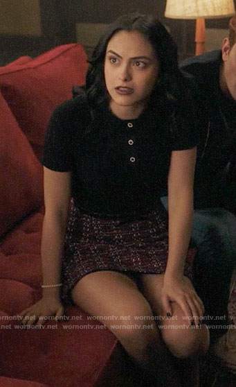 Veronica’s black polo top and purple tweed skirt on Riverdale