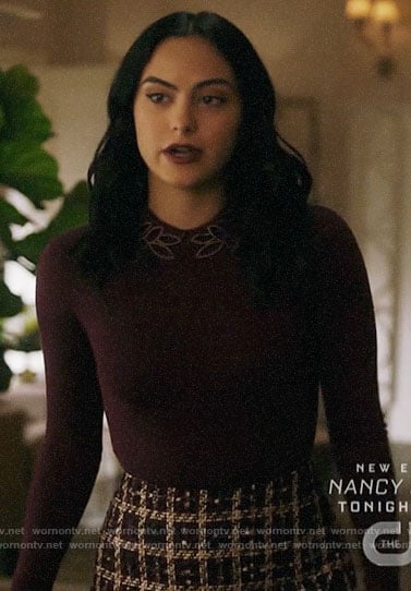 Veronica’s burgundy beaded collar sweater and checked skirt on Riverdale