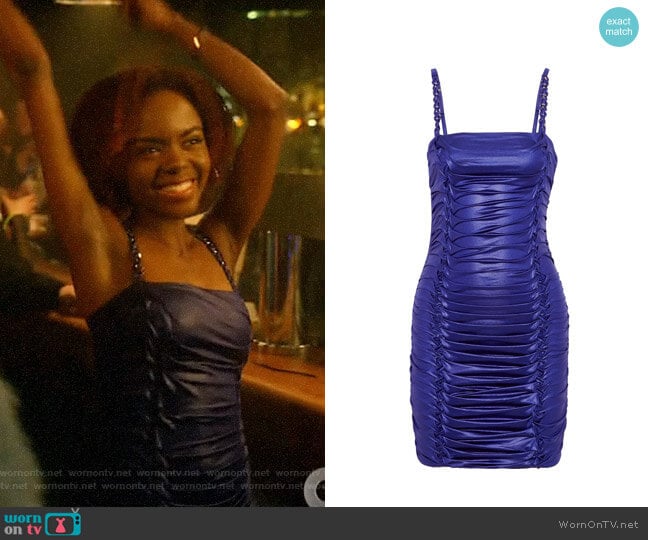 Versace Metallic ruched jersey mini dress worn by Josie McCoy (Ashleigh Murray) on Katy Keene