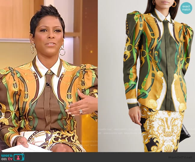 Printed Satin Shirt by Versace worn by Tamron Hall on Tamron Hall Show