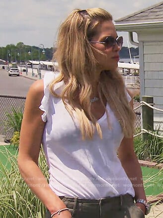 Jackie’s white flutter sleeve tee on The Real Housewives of New Jersey