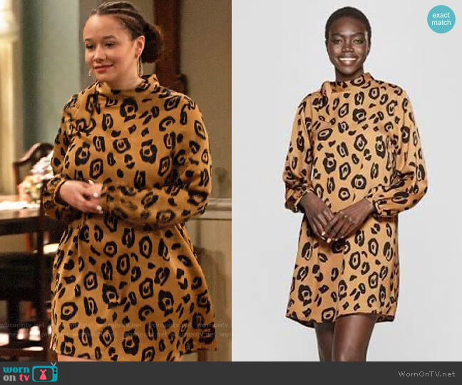 Who What Wear Leopard Print Long Sleeve Tie Shift Mini Dress worn by Jade (Talia Jackson) on Family Reunion