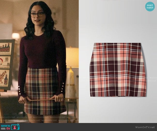 Aritzia Wilfred New Classic Check Mini Skirt in Rustique/Wrm Erth Kent worn by Veronica Lodge (Camila Mendes) on Riverdale