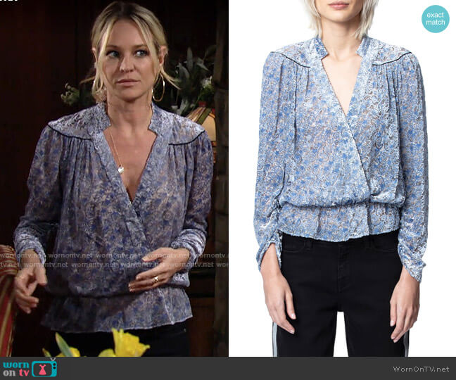 WornOnTV: Sharon’s blue printed wrap blouse on The Young and the ...