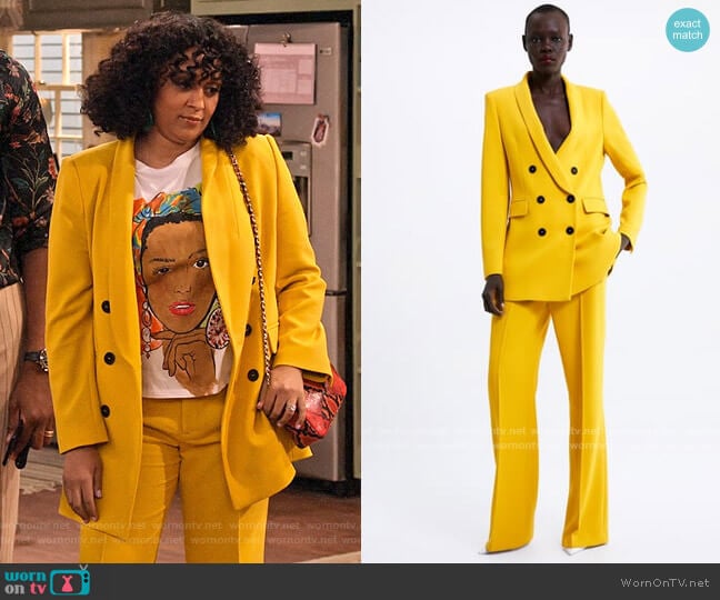 Zara Double Breasted Yellow Blazer worn by Cocoa McKellan (Tia Mowry-Hardrict) on Family Reunion