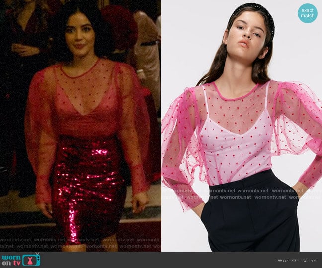 WornOnTV: Katy’s sheer pink polka dot top and sequin skirt on Katy