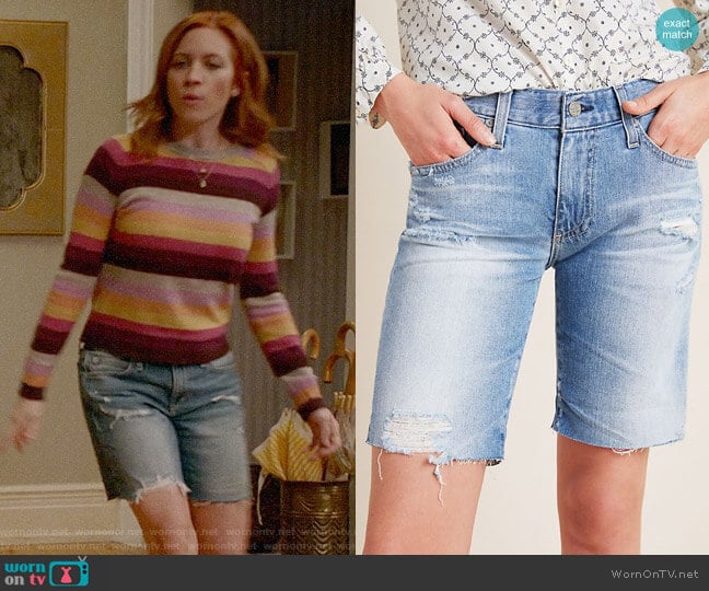 AG The Nikki Low-Rise Denim Bermuda Shorts worn by Roxy Doyle (Emily Osment) on Almost Family