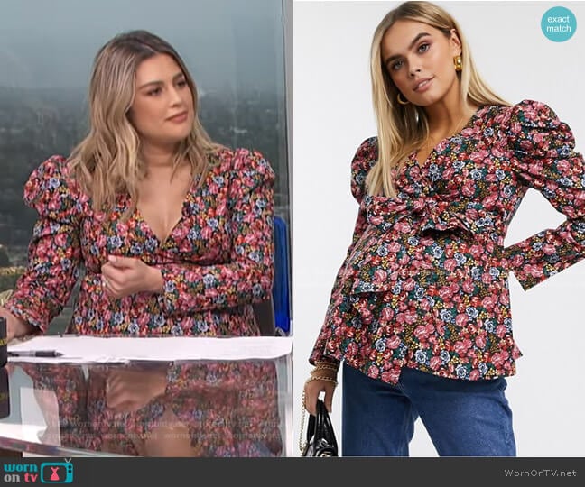 Maternity Wrap Top with Volume Sleeve in floral by Asos worn by Carissa Loethen Culiner on E! News