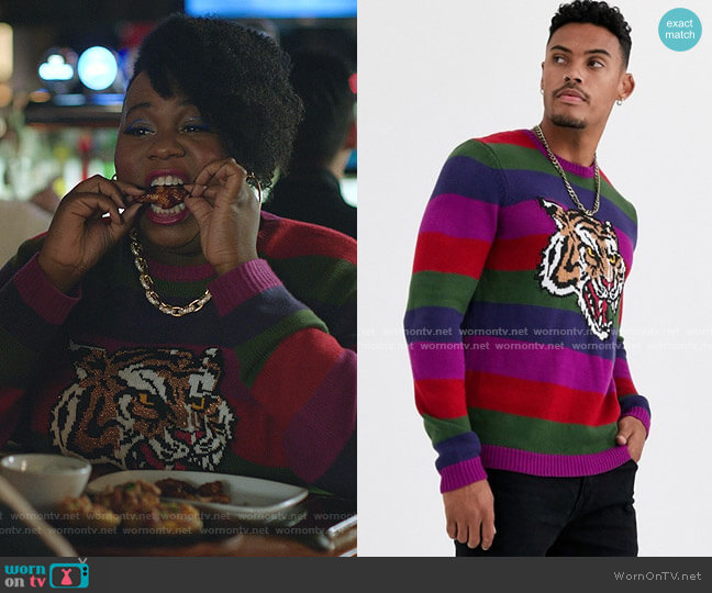Knitted Stripe Sweater with Tiger Design by Asos worn by Mo (Alex Newell) on Zoeys Extraordinary Playlist