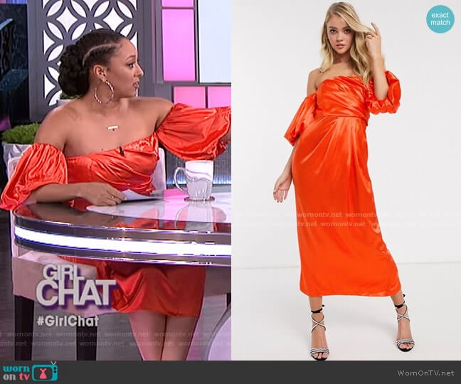 Drape Off Shoulder Midi Dress in Satin by Asos worn by Tamera Mowry on The Real