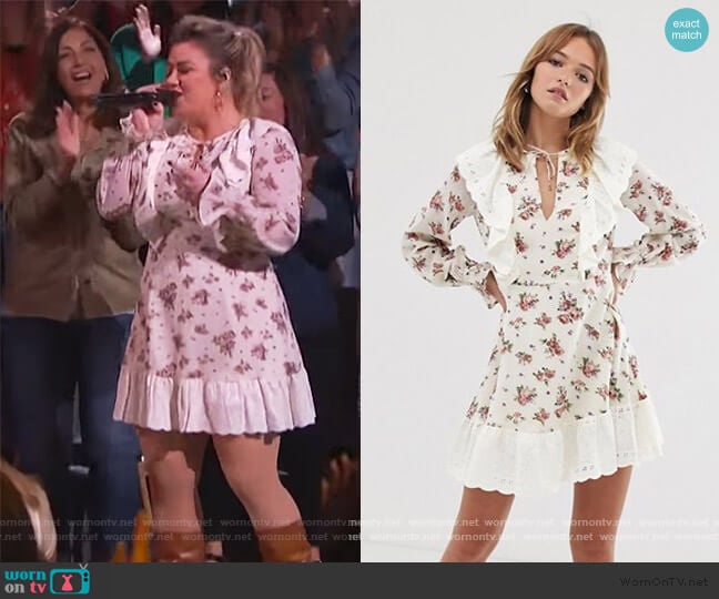 Broderie Ruffle Skater Mini Dress bvy ASOS worn by Kelly Clarkson on The Kelly Clarkson Show