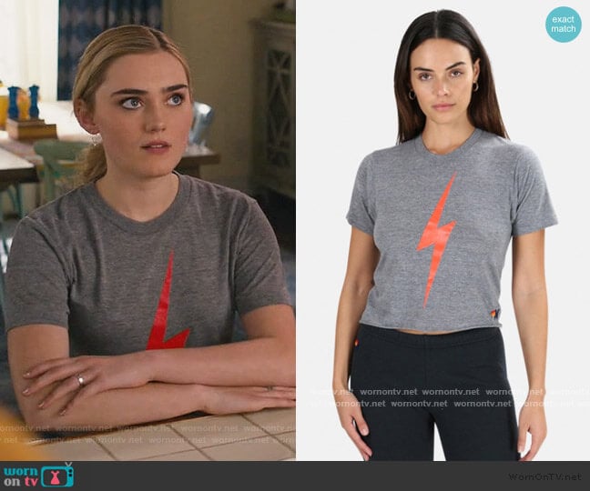 Bolt Boyfriend Tee by Aviator Nation worn by Taylor Otto (Meg Donnelly) on American Housewife