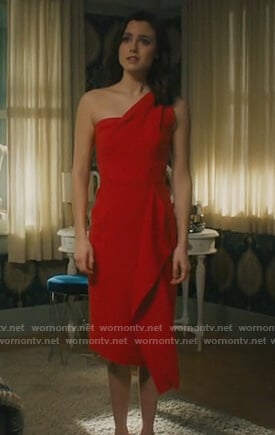 Abigael's red one shoulder ruffle dress on Charmed