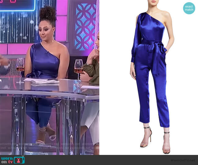 One-Shoulder Liquid Satin Jumpsuit by Aidan Mattox worn by Tamera Mowry on The Real