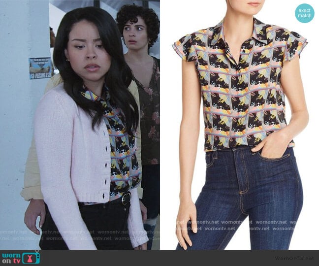 Willa Flutter-Sleeve Stace Face Silk Top by Alice + Olivia worn by Mariana Foster (Cierra Ramirez) on Good Trouble