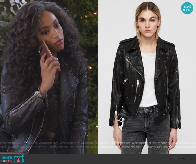 Balfern Studded Leather Biker Jacket by All Saints worn by Olivia Baker (Samantha Logan) on All American