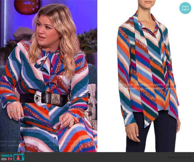 Newberry Chevron-Striped Chiffon Tie-Neck Blouse by Altuzarra worn by Kelly Clarkson on The Kelly Clarkson Show