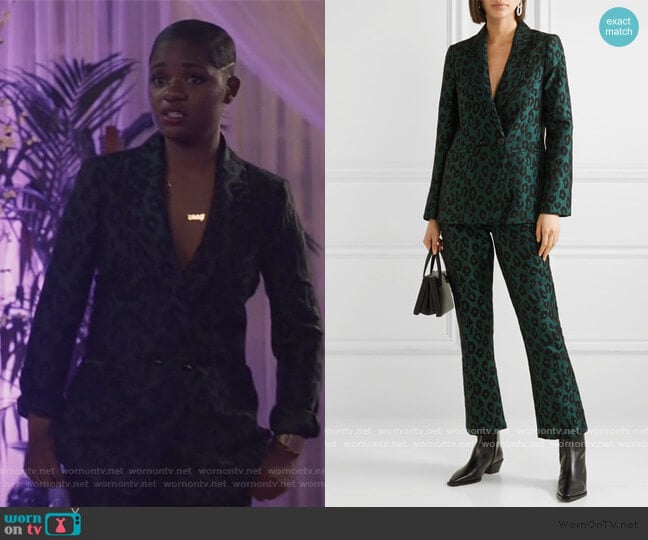 Madeleine Emerald Leopard Jacquard Blazer and Pants by Anine Bing worn by Tamia Cooper (Bre Z) on All American