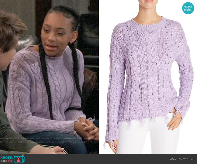 Aqua Distressed Cable-Knit Sweater worn by Trina (Sydney Mikayla) on General Hospital