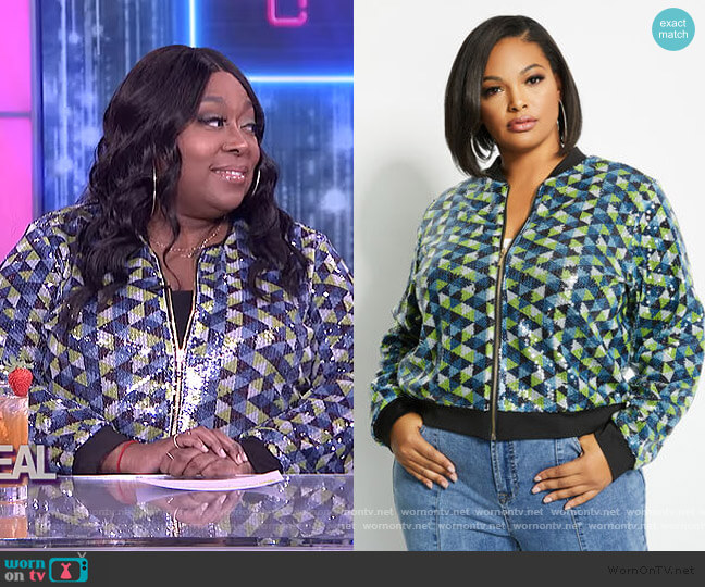 Sequin Bomber Jacket by Ashley Stewart worn by Loni Love on The Real