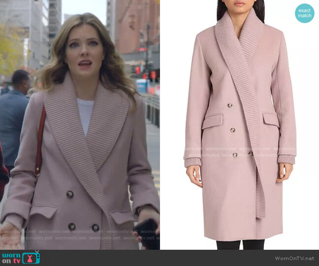 Knit Shawl Collar Double-Breasted Coat by Badgley Mischka worn by Sutton (Meghann Fahy) on The Bold Type