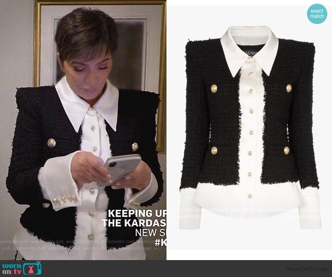 Tweed And Satin Buttoned Jacket by Balmain worn by Kris Jenner on Keeping Up with the Kardashians