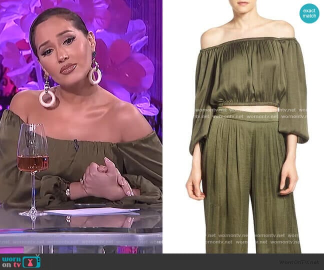 Olive Off-Shoulder Crop Top by Bardot worn by Adrienne Houghton on The Real