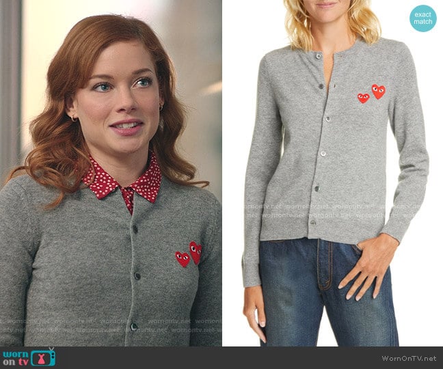 Heart Patch Wool Cardigan by Comme Des Garçons Play worn by Zoey Clarke (Jane Levy) on Zoeys Extraordinary Playlist